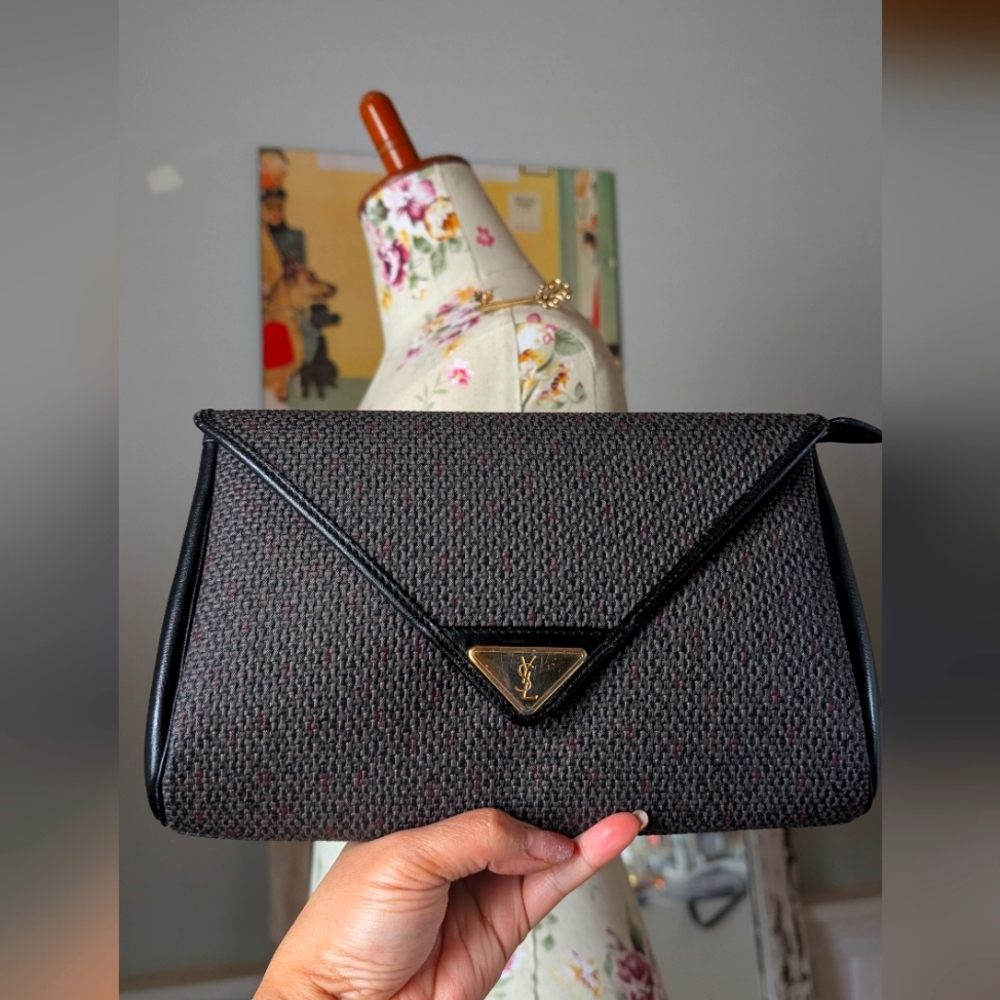 Yves Saint Laurent Black Tweed Envelope Clutch with Gold Logo